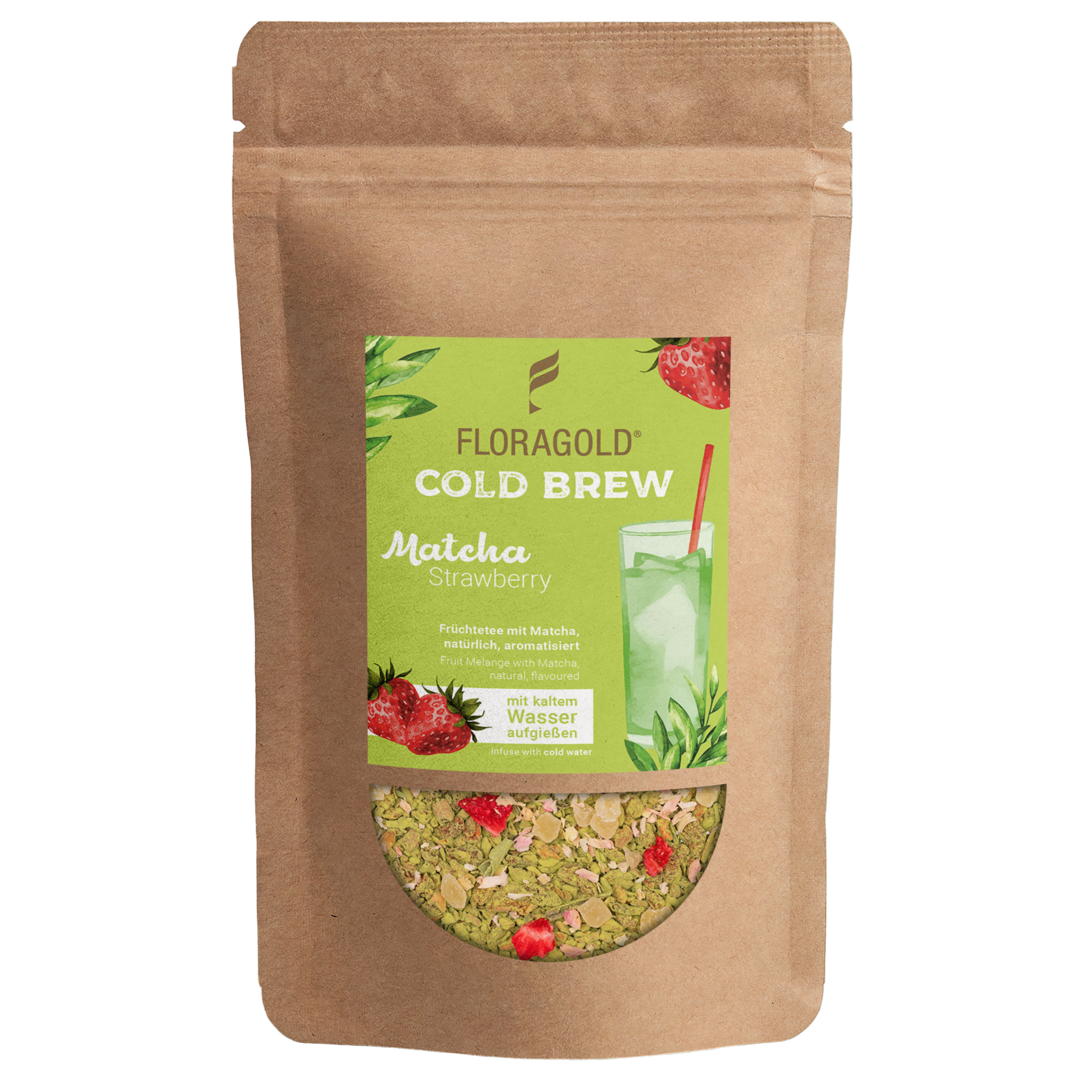Cold Brew Matcha Strawberry 1 Cold Brew Matcha Strawberry Früchtetee mit Matcha und Erdbeere zum Aufgießen mit kaltem Wasser