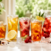 Cold Brew Kirschzeit 4 Verschiedene Cold Brew Teesorten mit Früchten und Eiswürfeln als sommerliche Erfrischung
