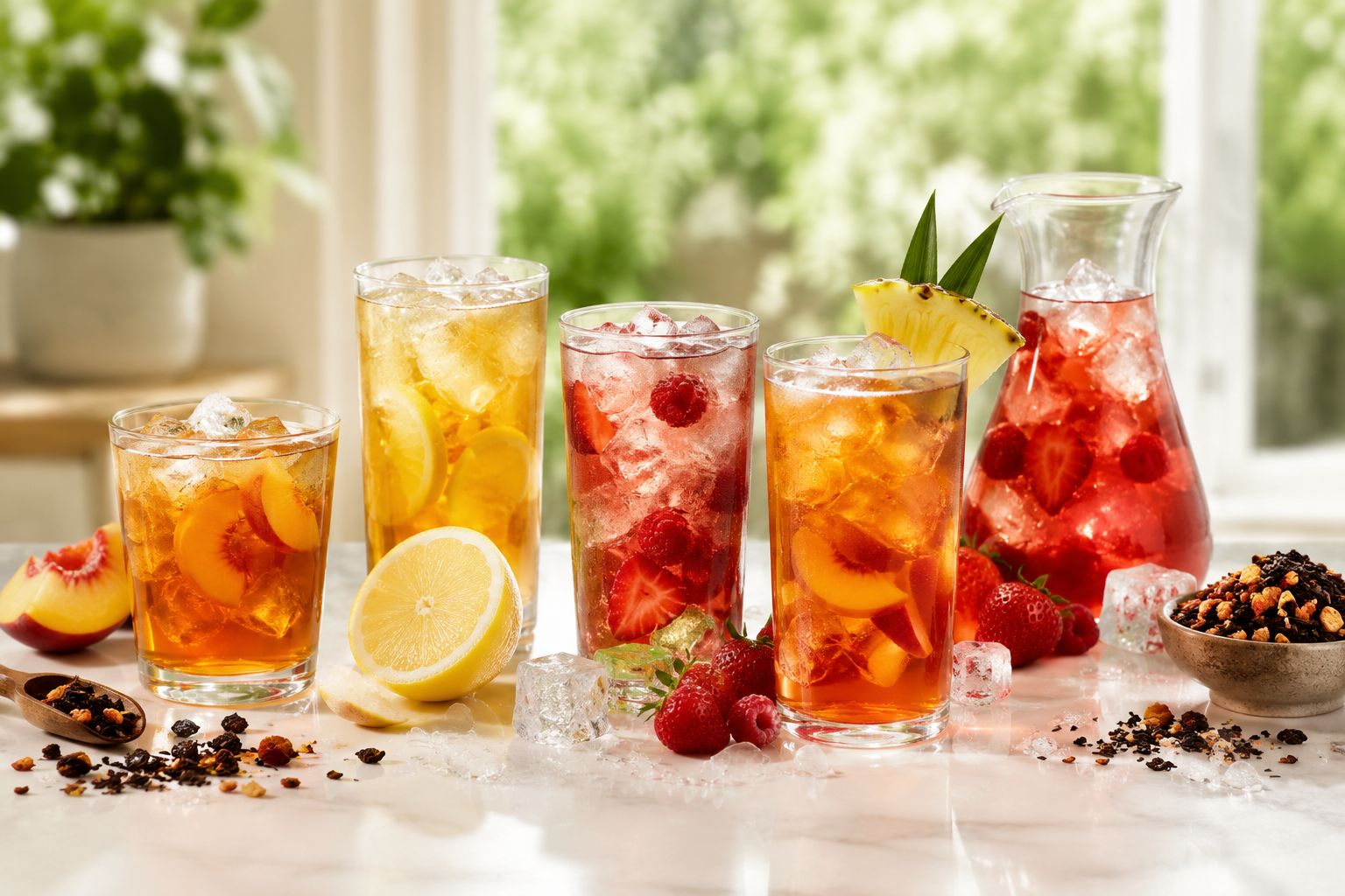 Cold Brew Kirschzeit 2 Verschiedene Cold Brew Teesorten mit Früchten und Eiswürfeln als sommerliche Erfrischung
