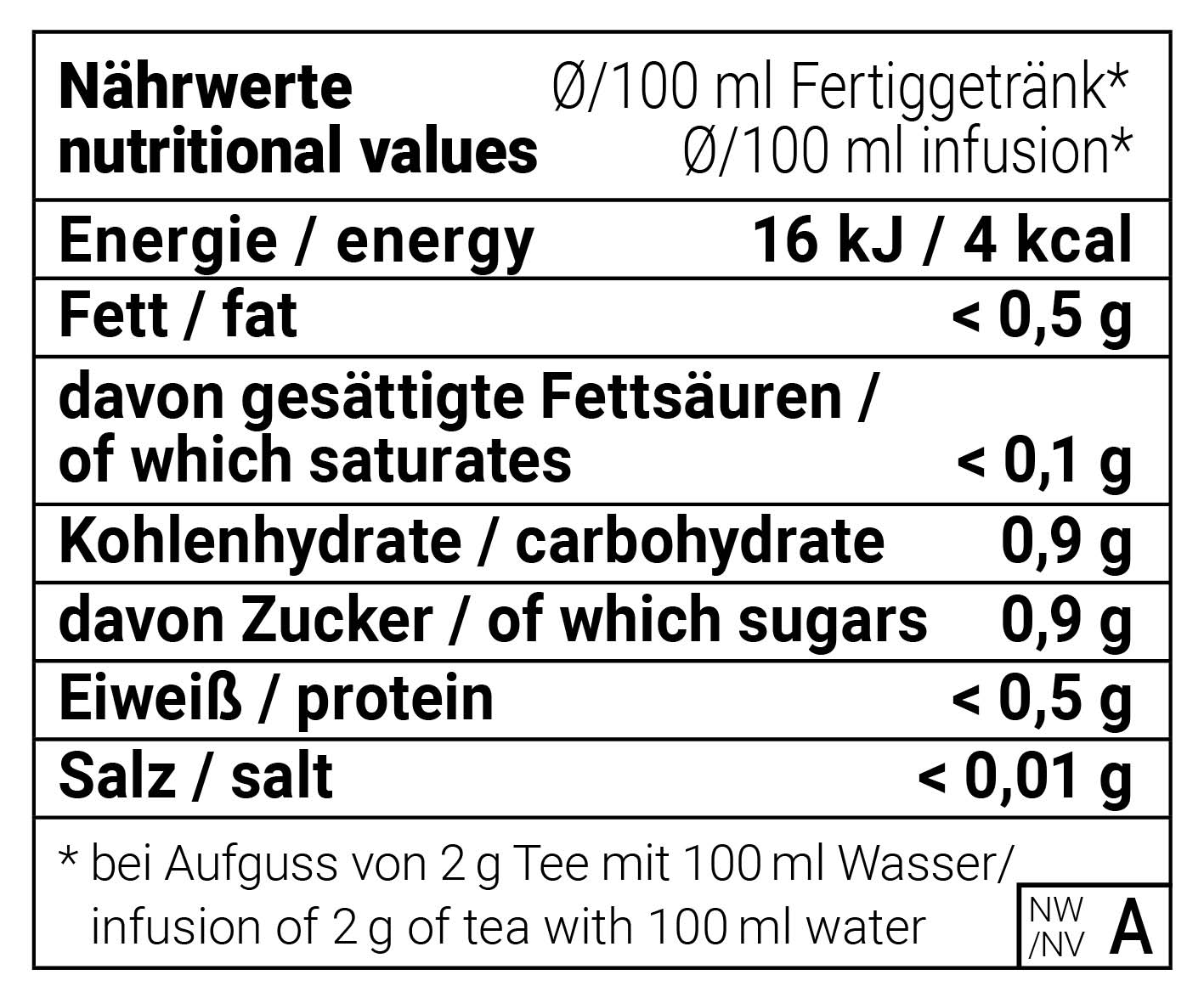 Cold Brew Zitrone mild natürlich 3 Nährwerttabelle von Cold Brew Zitrone mild pro 100 ml Fertiggetränk